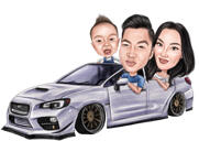 Family Caricature with Pet in Car