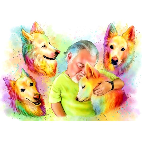 Dueño con retrato de caricatura de perros en estilo de acuarela arcoíris de fotos