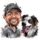 Proprietário com cachorro - Retrato em estilo aquarela com fundo personalizado
