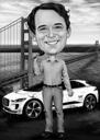 Black and White Caricature of Person with Car Background