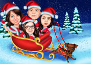 Caricature de Noël de la famille du traîneau du Père Noël avec des chiens