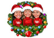Caricature d'un groupe familial dans une couronne de Noël