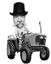 Caricature d'un homme avec un tracteur en noir et blanc