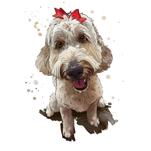 Watercolor Natural Goldendoodle Portrait Cartoon Art in Full Body from Photos
