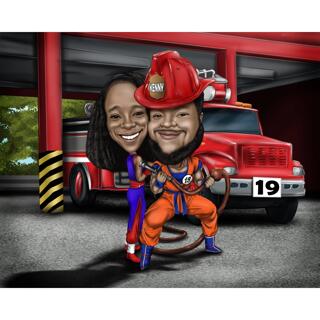 Exaggerated Firefighter Couple Caricature in Color Style on Custom Background
