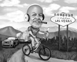 Черно-белая карикатура человека едущего на велосипеде