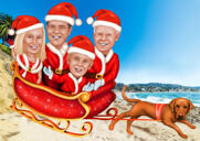 Familiekarikatuur in de slee van de Kerstman met rendieren