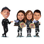 Hokeja čempionāta uzvarētāju karikatūra ar treneri