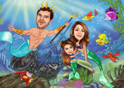 Mermaid Group Caricature in Exaggerated Style with Custom Background