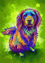 Hundekarikaturportræt i fuld krop i akvareller med en farvebaggrund