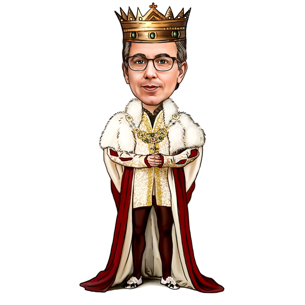 Koning in koninklijke kledij karikatuurportret