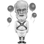 Full Body Exaggerated Caricature Gift for Grandpa 80th Birthday Anniversary in Black and White Style