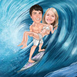 Casal na onda para os amantes do surf