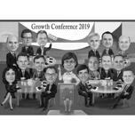 Karikatuur van groepsconferentievergadering in zwart-witstijl van foto