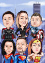 Dibujo de caricatura de superhéroe grupal a partir de fotos con fondo de ciudad