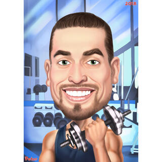 Person with Dumbbell Fitness Caricature with Gym Background from Photo