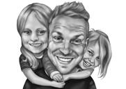 Isä tyttärien kanssa Mustavalkoinen tyylinen karikatyyri valokuvista
