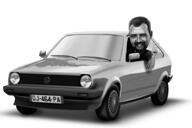 Черно-белая карикатура мужчины в машине нарисованная для подарка на день рождения