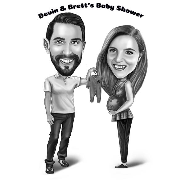 Caricatura de casal de anúncio de grávida em estilo preto e branco da foto