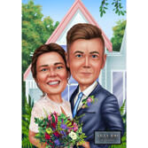 Married Couple with Flowers Wedding Caricature in Color Style with Home Background