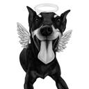 Hundminnestecknad porträtt i svartvit stil med änglavingar och halo