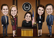 Giudice con la caricatura del gruppo di avvocati in tribunale per il regalo personalizzato dell'uomo di legge