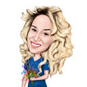Regalo di ritratto di caricatura del fumetto del giorno della donna di stile colorato che tiene il mazzo dei fiori di campo