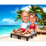 Caricatură de desene animate cuplu pe plajă tropicală