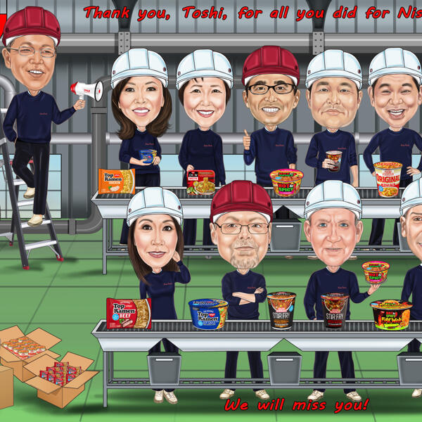 Employees Cartoons at Production Line for Retirement Gift