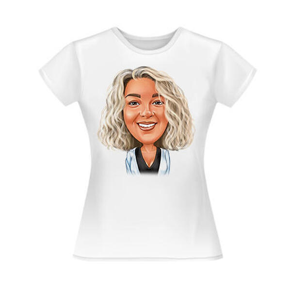 Sievietes krāsaina karikatūra no fotoattēliem uz T-krekla apdrukas