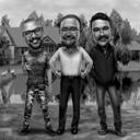 Three Persons Full Body Caricature in Black and White Style