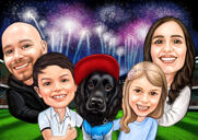 Famille personnalisée avec caricature de chien sur un fond coloré à partir de la photo