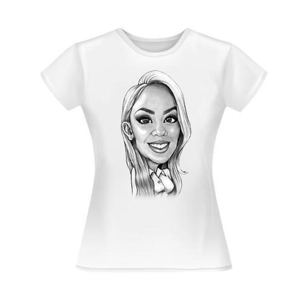 Kaunis naisten karikatyyri mustavalkoisena liioiteltuina lahjakuvana T-paidassa