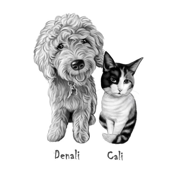 Portret de caricatură de câine și pisică în stil alb-negru