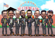Dibujo de caricatura de padrinos de boda con fondo de puente