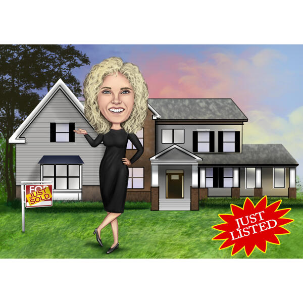 Caricatura de corretor de imóveis com casa vendida