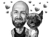 Retrato em preto e branco de dono de cachorro