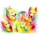 Ägare med hundkarikatyrporträtt i regnbågsvattenfärgstil från foton