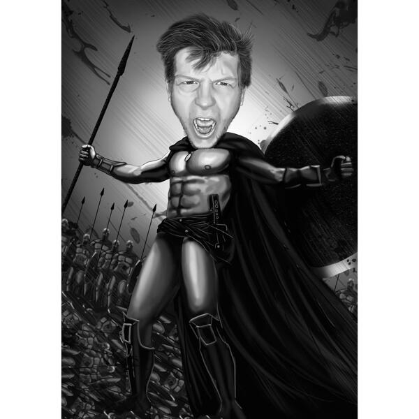 Карикатура человека в образе спартанца на фоне спартанской армии в черно-белом стиле