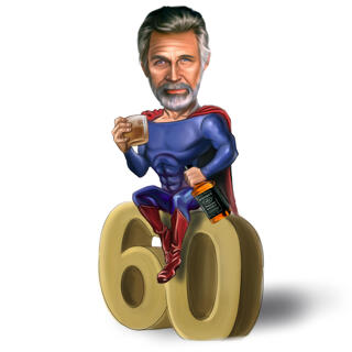 Superhero Person Caricature Holding Drink for 60 Years Birthday Gift