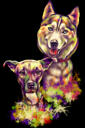 Retrato de caricatura de pareja de perros en estilo acuarela sobre fondo negro