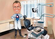 Portrait de dessin animé de caricature de démarrage de dentiste complet personnalisé dans un style coloré