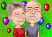 Cadou de artă personalizat cu caricatură de cuplu cu fundal de baloane