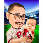 Tēvs ar mazuļa karikatūru sporta līdzjutēju stadionā