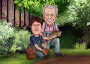 Caricature de couple de jardinage dans un style de couleur avec un arrière-plan personnalisé à partir de photos