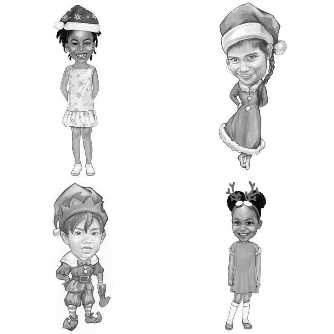 Vánoční karikatura dětí celého těla v černobílém stylu z fotografií
