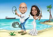 Caricatura engraçada de casal de pescadores