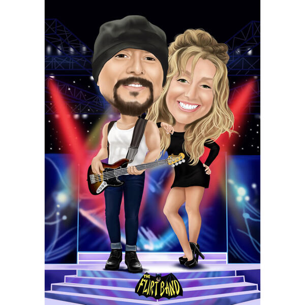 Caricatura de música de banda de casal no palco para capa de álbum de música personalizada