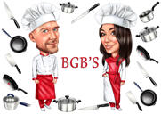 Caricature colorée de couple de cuisine à partir de photos avec un fond simple