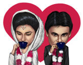Indisches Bollywood-Paar zeichnet Karikatur von Fotos mit benutzerdefiniertem Hintergrund